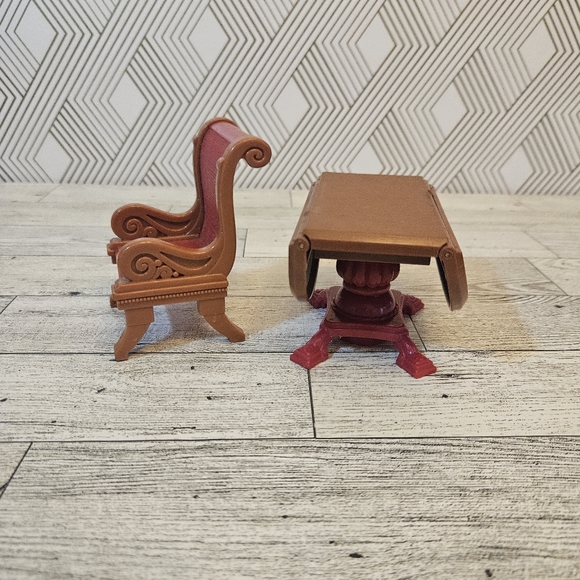Fisher-Price Loving Family Dollhouse Brown Dining Room Table 1 Red Chair Set - Picture 2 of 7
